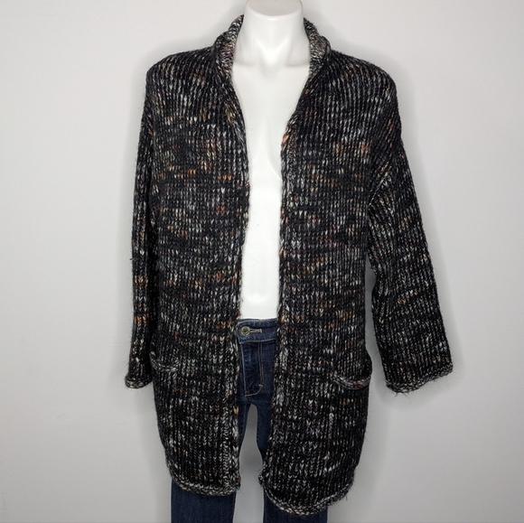 Express Black Brown Thick Chunky Knit Wool Blend Open Cardigan Sweater OSFM - Picture 1 of 8